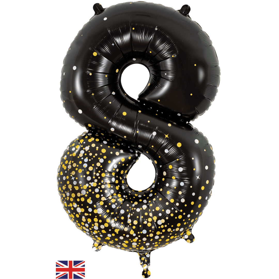 Oaktree 34 inch Number 8 Sparkling Fizz Black Gold Balloons_606982