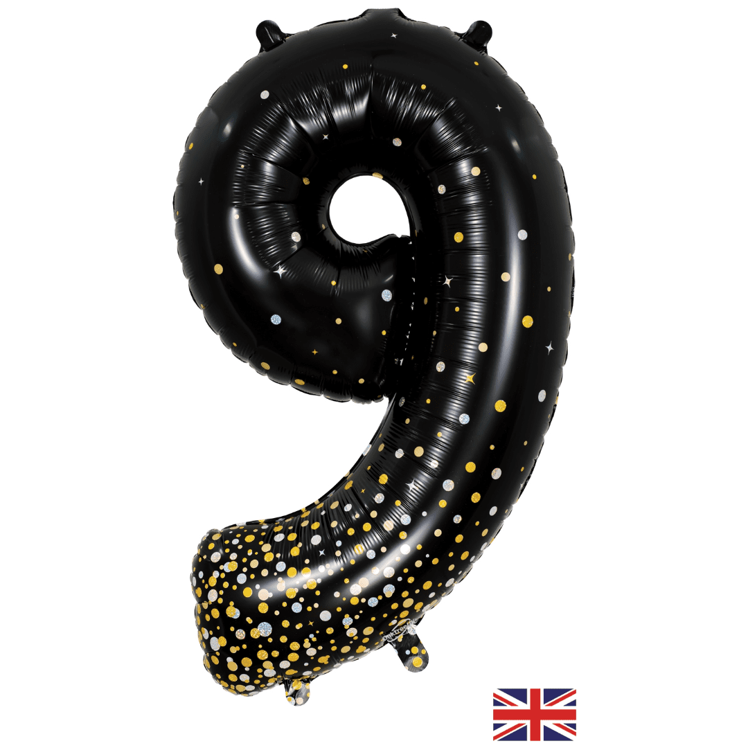 Oaktree 34 inch Number 9 Sparkling Fizz Black Gold Balloons_606999