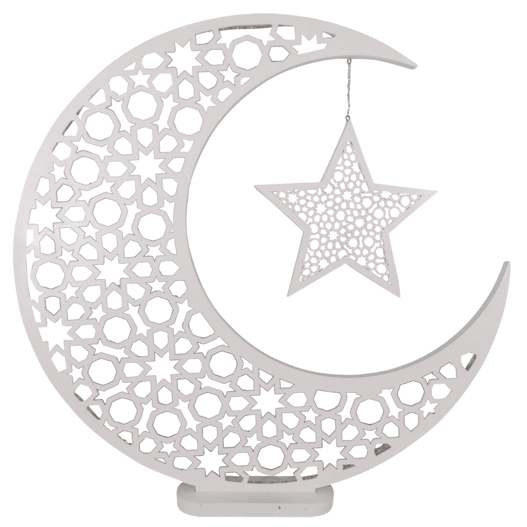 Large Wooden StandingWhite Eid Moon & Hanging Star