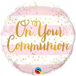 Qualatex 18 inch On Your Communion Pink Stripes Foil Balloon_13439-500__27765