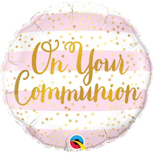 Qualatex 18 inch On Your Communion Pink Stripes Foil Balloon_13439-500__27765
