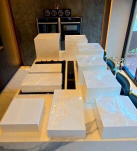 Set of 10 New White Acrylic Food Riser Display Stands