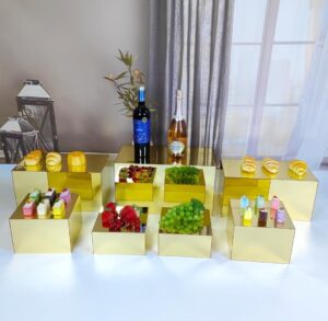 Set of 7 New Gold Acrylic Food Riser Display Stands