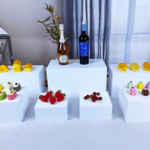 Set of 7 New White Acrylic Food Riser Display Stands