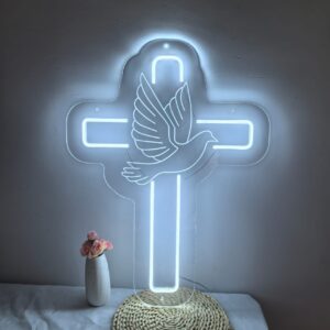 Holy Cross Symbol With Dove Neon Sign - Cool White 60x45cm