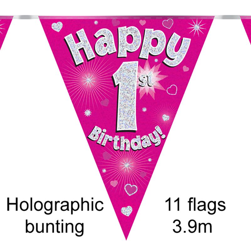 Party Bunting Happy Birthday Pink Holographic 11 flags 3.9m