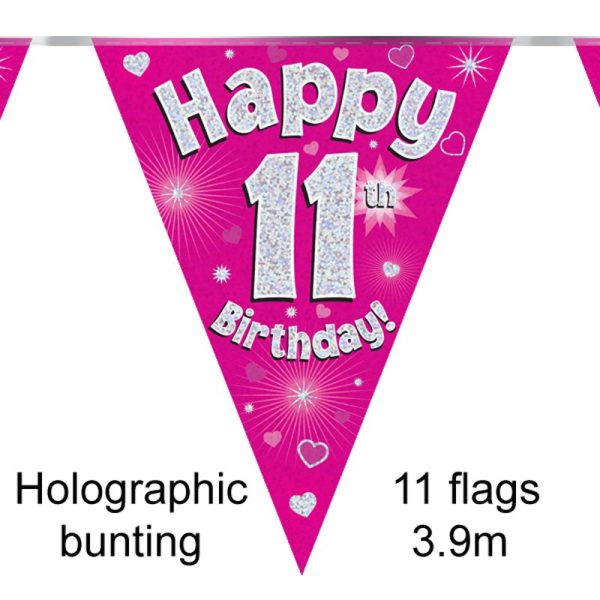 Party Bunting Happy 10th Birthday Pink Holographic 11 flags 3.9m