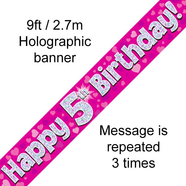 9ft Banner Happy 5th Birthday Pink holographic