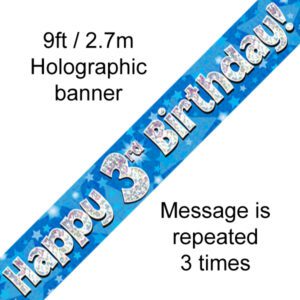 9ft Banner Happy 3rd Birthday Blue holographic