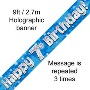 9ft Banner Happy 7th Birthday Blue holographic