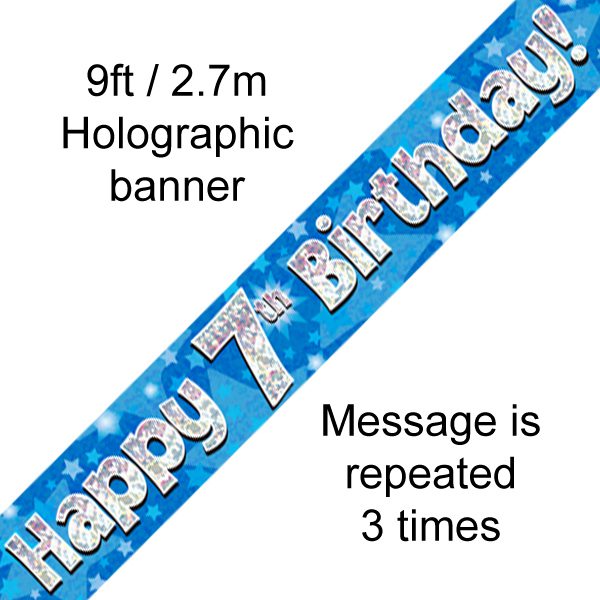 9ft Banner Happy 7th Birthday Blue holographic