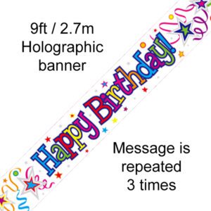 9ft Banner Happy Birthday Ribbon & Stars Metallic