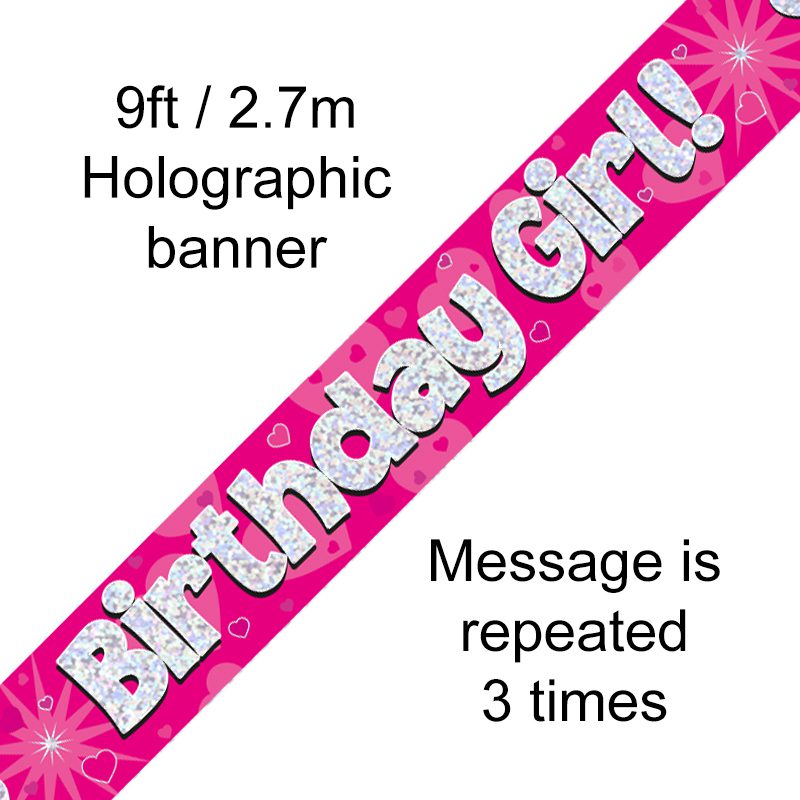 9ft Banner Birthday Girl Pink Holographic