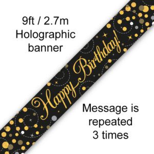 9ft Banner Sparkling Fizz Happy Birthday Black & Gold Holographic