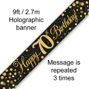 9ft Banner Sparkling Fizz 70th Birthday Black & Gold Holographic