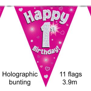 Party Bunting Happy Birthday Pink Holographic 11 flags 3.9m
