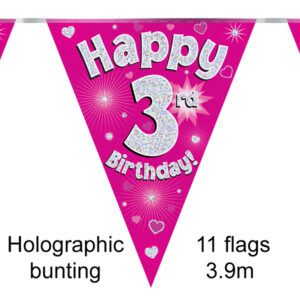 Party Bunting Happy 2nd Birthday Pink Holographic 11 flags 3.9m