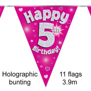 Party Bunting Happy 4th Birthday Pink Holographic 11 flags 3.9m