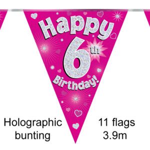 Party Bunting Happy 5th Birthday Pink Holographic 11 flags 3.9m