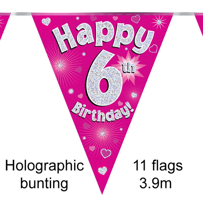 Party Bunting Happy 5th Birthday Pink Holographic 11 flags 3.9m