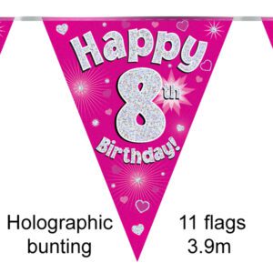 Party Bunting Happy 7th Birthday Pink Holographic 11 flags 3.9m