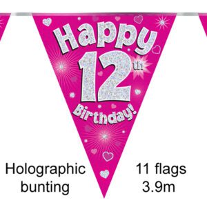 Party Bunting Happy 11th Birthday Pink Holographic 11 flags 3.9m