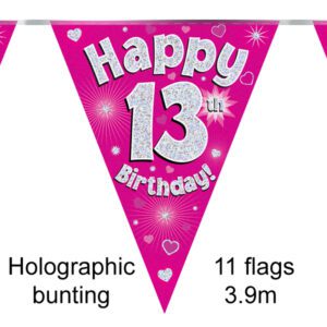 Party Bunting Happy 12th Birthday Pink Holographic 11 flags 3.9m