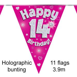 Party Bunting Happy 13th Birthday Pink Holographic 11 flags 3.9m