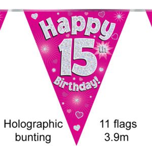 Party Bunting Happy 14th Birthday Pink Holographic 11 flags 3.9m
