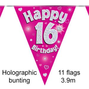 Party Bunting Happy 15th Birthday Pink Holographic 11 flags 3.9m