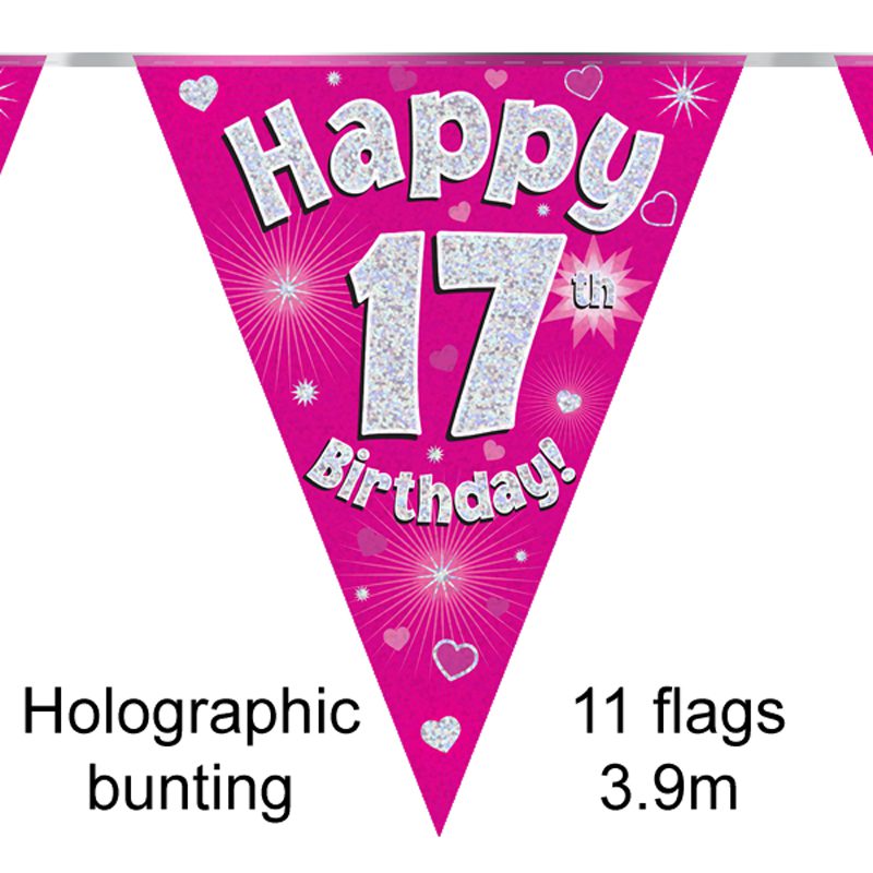 Party Bunting Happy 16th Birthday Pink Holographic 11 flags 3.9m