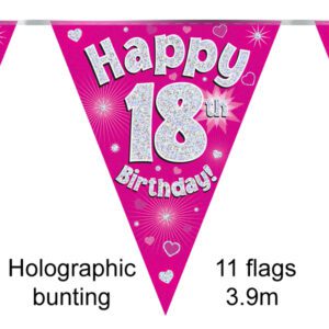 Party Bunting Happy 17th Birthday Pink Holographic 11 flags 3.9m
