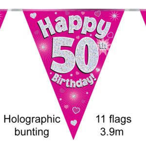 Party Bunting Happy 40th Birthday Pink Holographic 11 flags 3.9m
