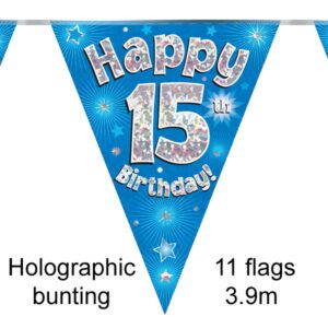 Party Bunting Happy 14th Birthday Blue Holographic 11 flags 3.9m