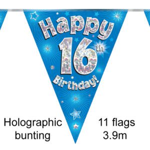 Party Bunting Happy 15th Birthday Blue Holographic 11 flags 3.9m