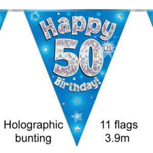 Party Bunting Happy 40th Birthday Blue Holographic 11 flags 3.9m