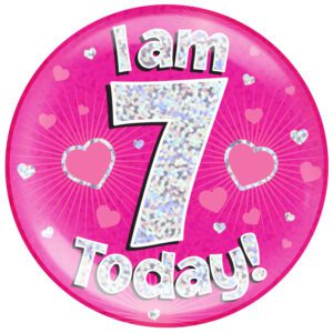6" Jumbo Badge I am 7 Today Pink Holographic Dot