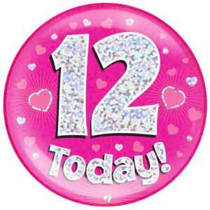 6" Jumbo Badge 12 Today Pink Holographic Dot