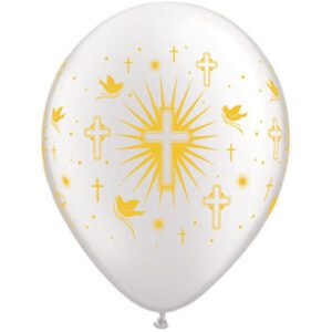 Qualatex 11 inch Communion Pearl White Cross & Doves Latex Balloons