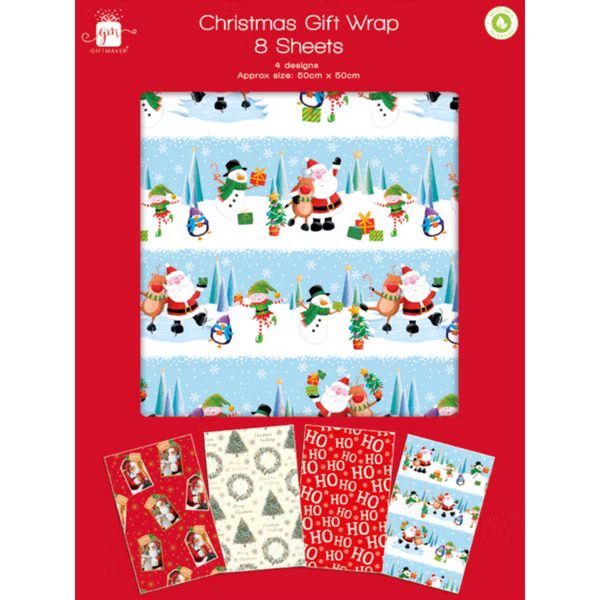 Christmas Gift Wrap Paper 50cm x 50cm (8 Sheets) - Pack of 12