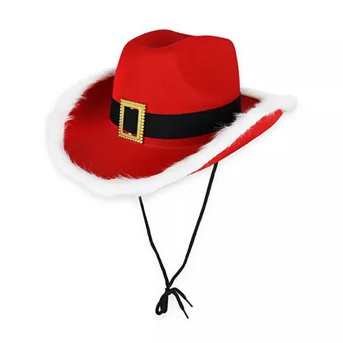 Red Santa Cowboy Hat with Belt, Buckle and White Fur Trim (Adult)