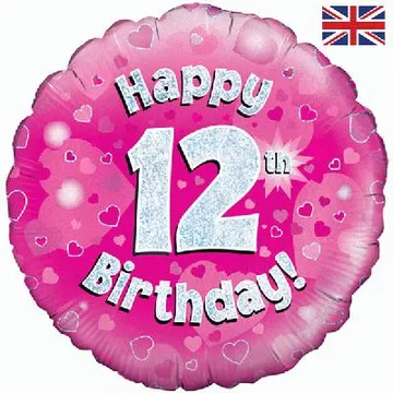 Oaktree 18 inch Happy 12th Birthday Pink Holographic Foil Balloon