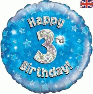 Oaktree 18 inch Happy 3rd Birthday Blue Holographic Foil Balloon