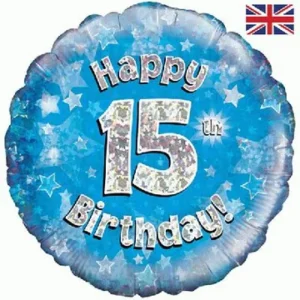 Oaktree 18 inch Happy 15th Birthday Blue Holographic Foil Balloon