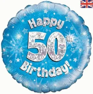 Oaktree 18 inch Happy 50th Birthday Blue Holographic Foil Balloon