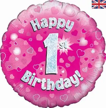 Oaktree 18 inch Happy 1st Birthday Pink Holographic Foil Balloon