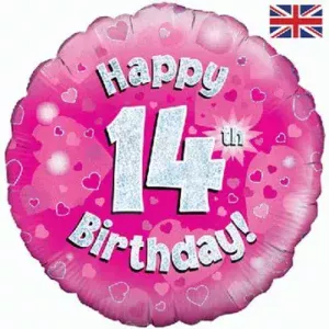 Oaktree 18 inch Happy 14th Birthday Pink Holographic Foil Balloon