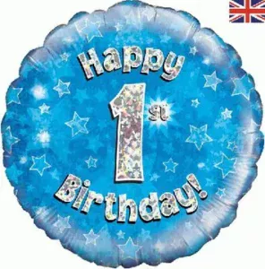 Oaktree 18 inch Happy 1st Birthday Blue Holographic Foil Balloon