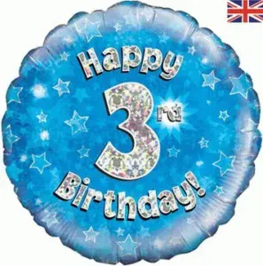 Oaktree 18 inch Happy 3rd Birthday Blue Holographic Foil Balloon