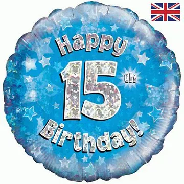 Oaktree 18 inch Happy 15th Birthday Blue Holographic Foil Balloon